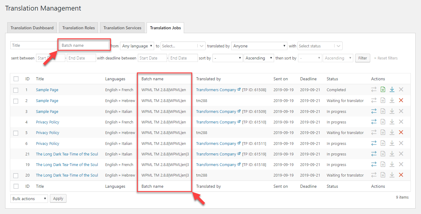 Translation Jobs tab now features a "Batch name" column