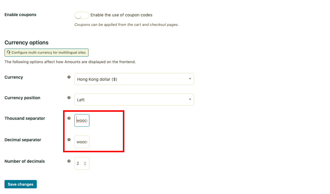 Thousand separator and Decimal Seperator in Woocommerce currency option