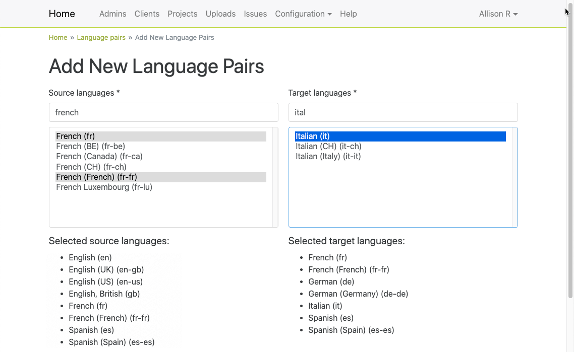 Selecting the source and target languages for new language pairs