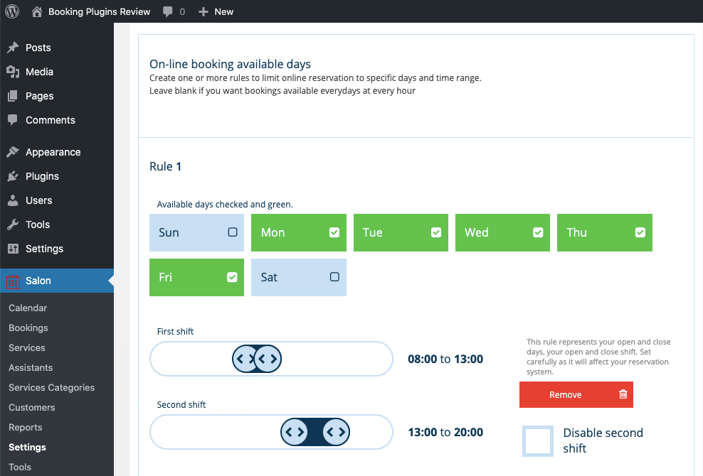 Setting open days and times in WordPress backend