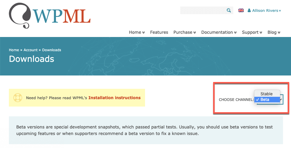 Choosing the Beta channel on the Downloads page