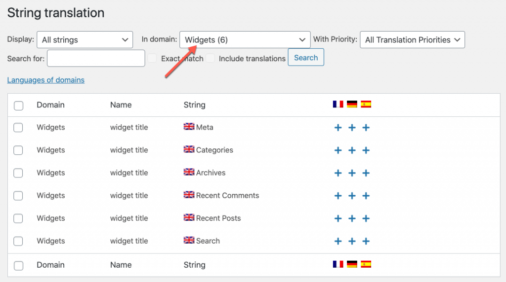 Ricerca di stringhe widget predefinite per la traduzione in String Translation