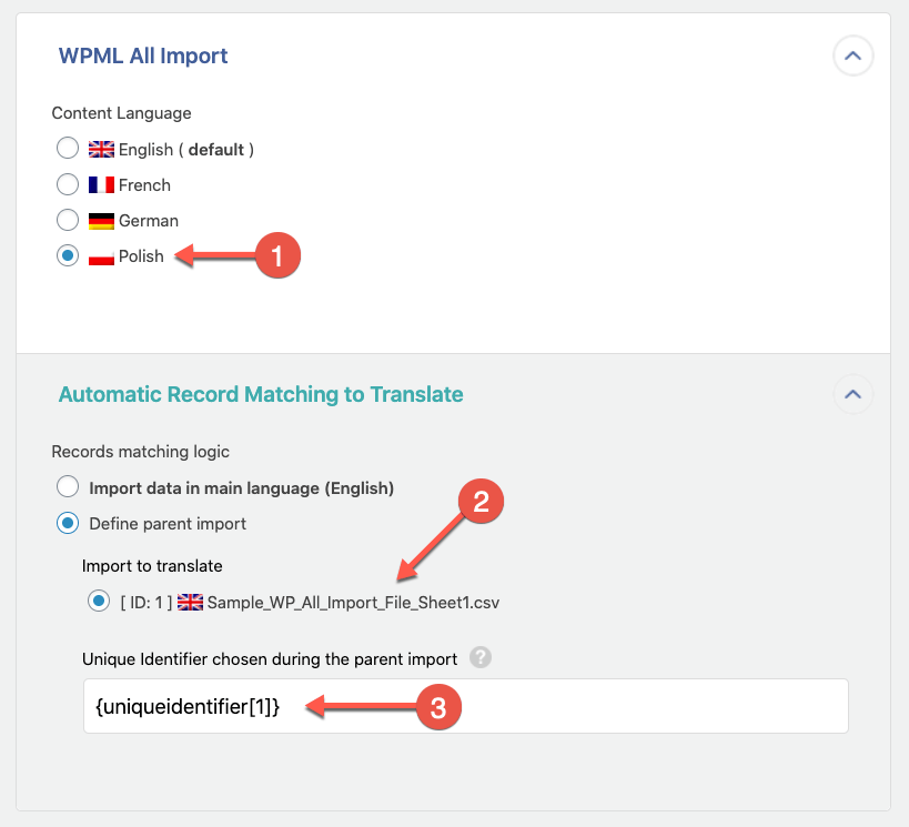 Setting the secondary language, parent import, and unique identifier