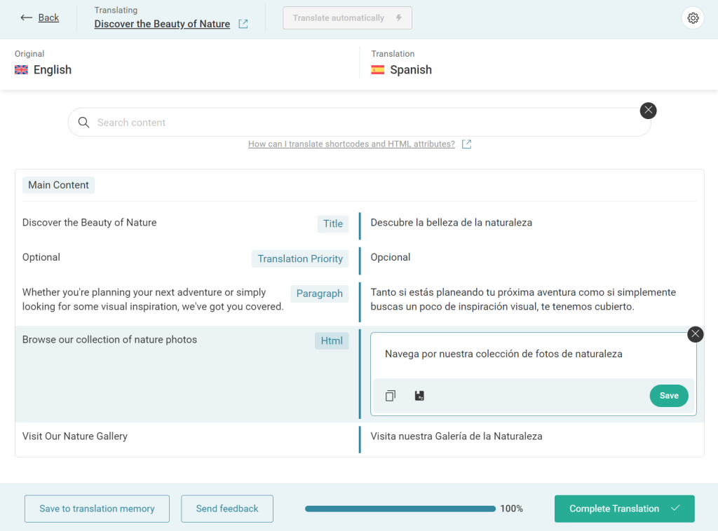 Translating HTML attributes in the Advanced Translation Editor