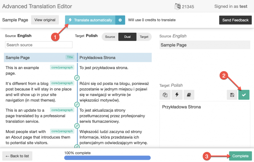 Traducción automática de contenido en el Editor de traducción automático