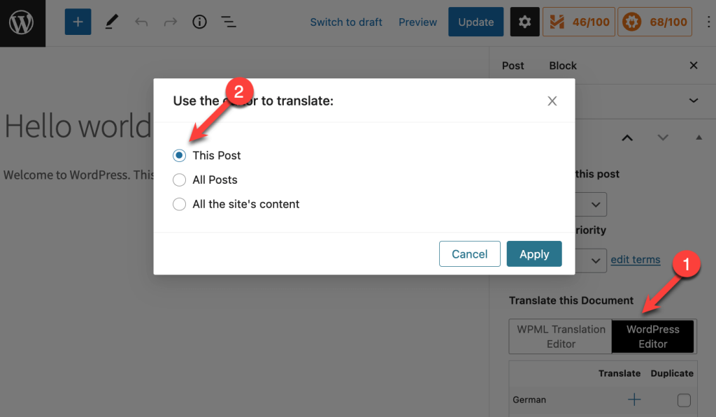 Choosing to translate this post with the WordPress Editor