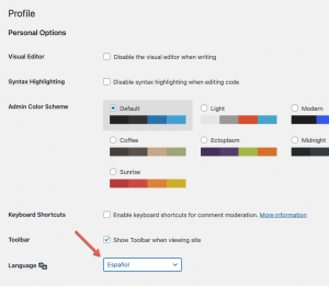 Changing our profile or admin language to Spanish