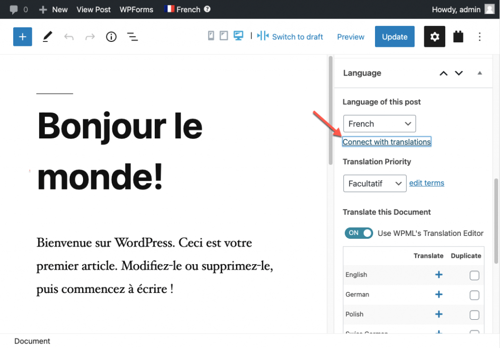Connecting the secondary language post as a translation of a different default language post