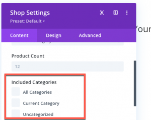 Divi's Included Categories Section