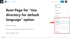 WordPress root page example when using Block editor, Page Attributes drop down