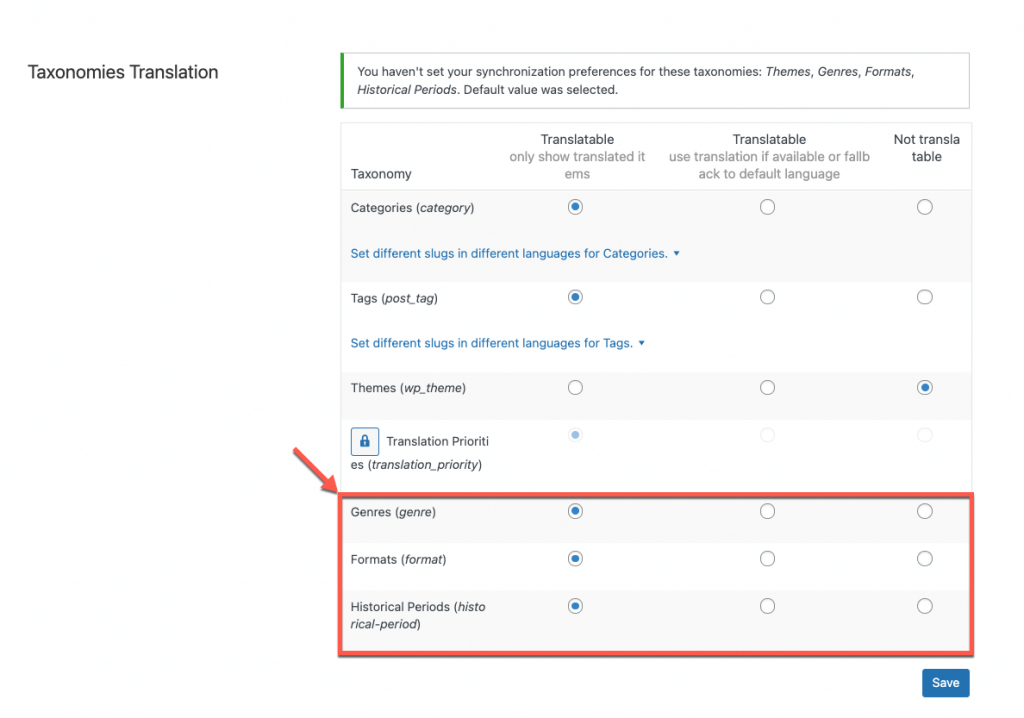 Setting taxonomies as translatable