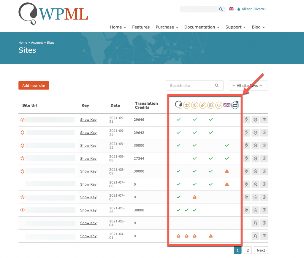 Viewing WPML plugins installed on your registered sites