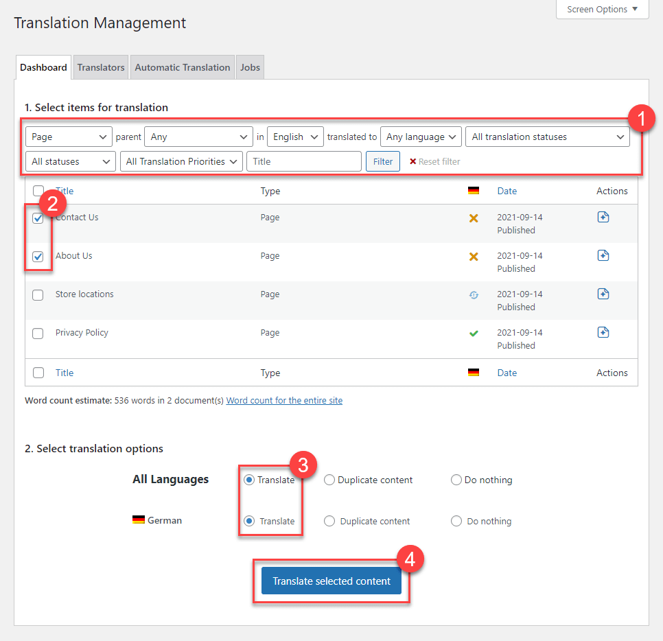 trimiterea paginilor pentru traducere utilizând tabloul de bord pentru gestionarea traducerilor