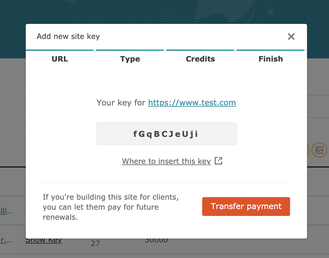 Ihr Seitenschlüssel ist bereit. Kopieren Sie ihn, damit Sie ihn in WordPress einfügen können.