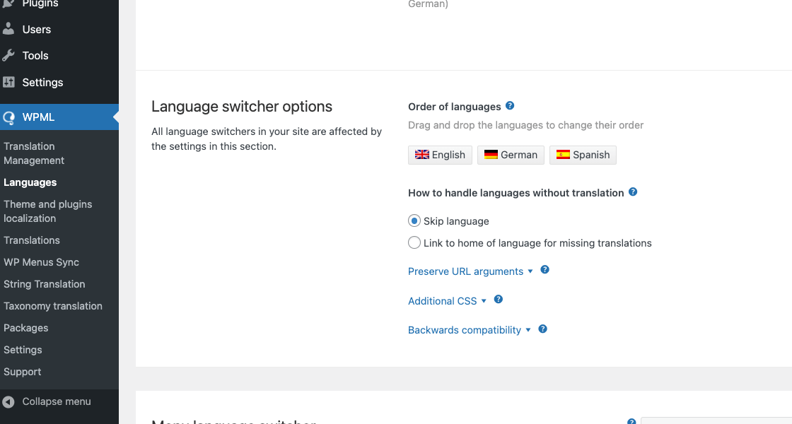 The main Language switcher options section