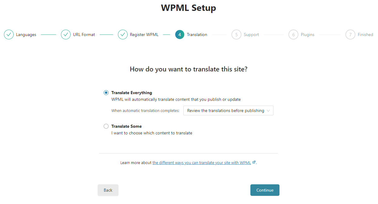  Elegir un modo de traducción al configurar WPML la primera vez