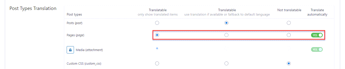 Beitragstypen eingestellt auf auf Übersetzbar – nur übersetzte Elemente anzeigen