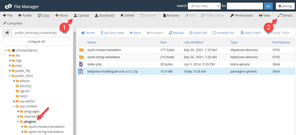 Uploading WPML plugin using cPanel