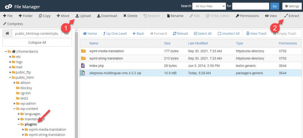 Using cPanel hosting control panel to upload the WPML plugin to a site