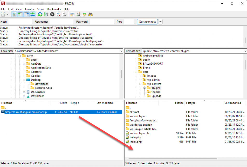 Using FileZilla to upload the WPML ZIP file using drag-and-drop