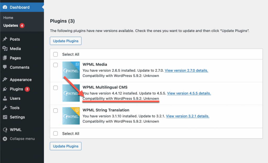 WPML updates showing that the compatibility with WordPress is unknown