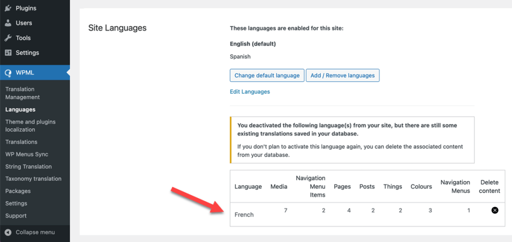 Deleting the existing translations for your removed secondary language from the database