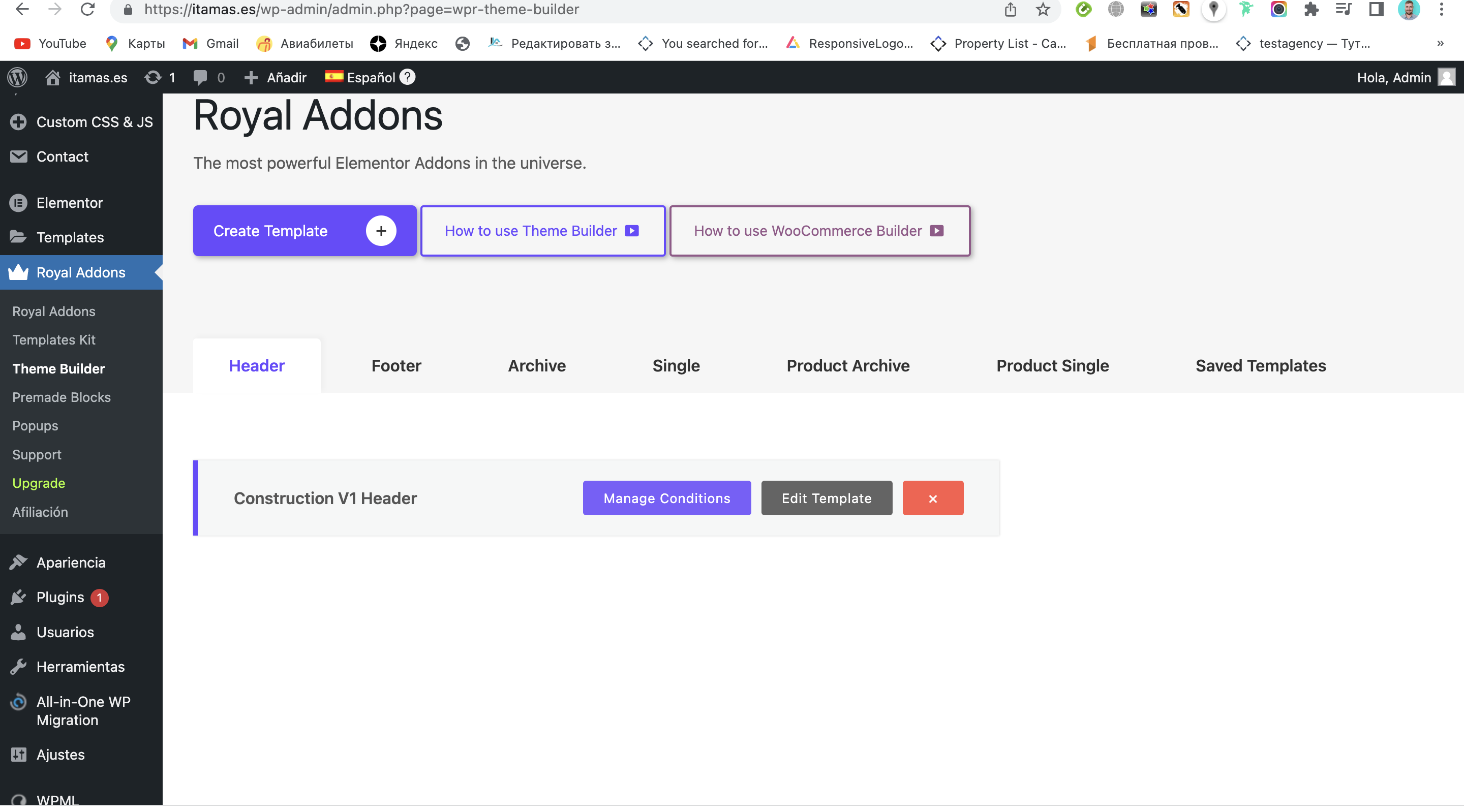 Translation of the header and footer in the plugin Royal Elementor