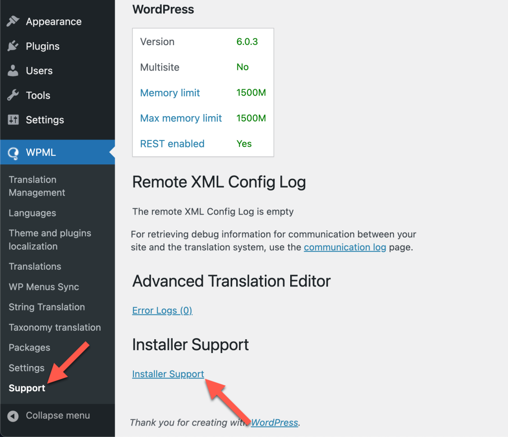 Accessing the Installer Support log