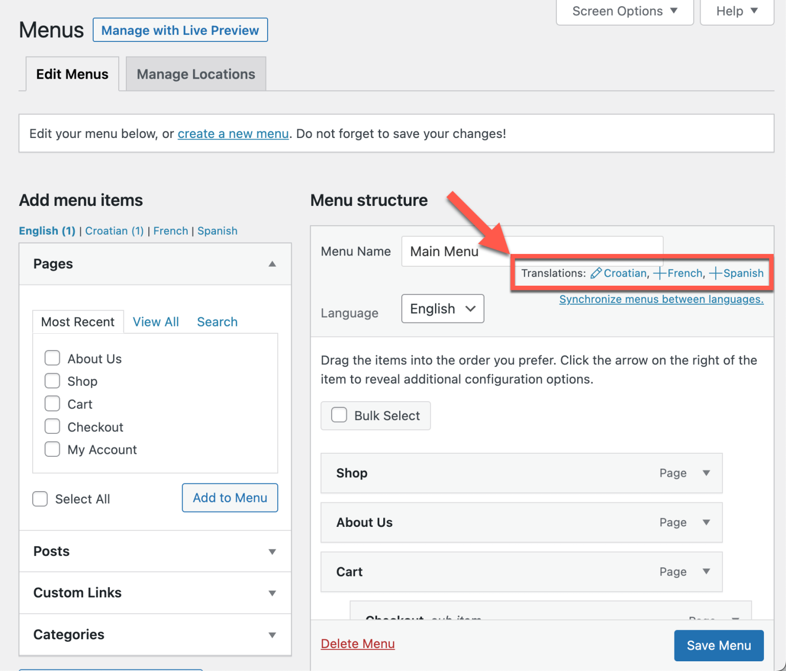 Translating Menus WPML