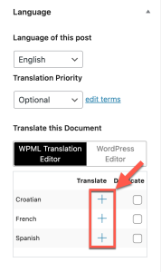 WPML-Sprach-Seitenleiste auf dem Bearbeitungsbildschirm für Beiträge