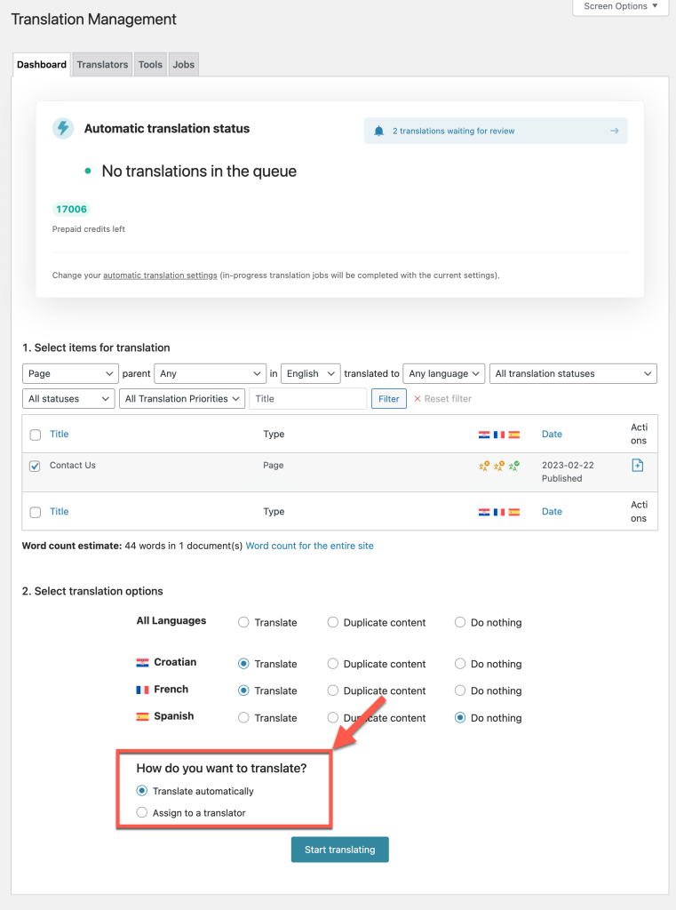 Translating content automatically from the Translation Management Dashboard