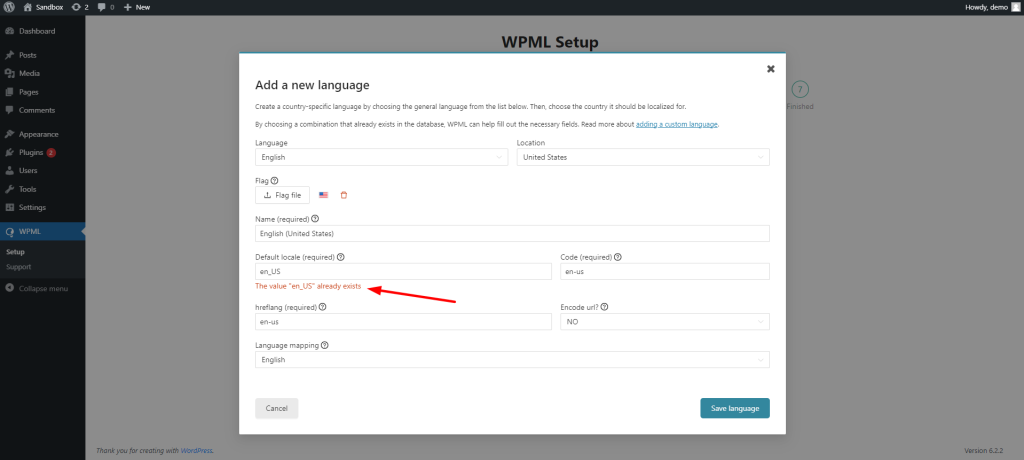 “The Value en_US already exists” error message