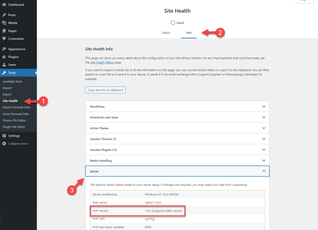Checking your PHP version by using the WordPress Site Health tool

