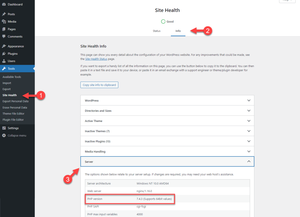 การตรวจสอบเวอร์ชัน PHP ของคุณโดยใช้เครื่องมือ WordPress Site Health 