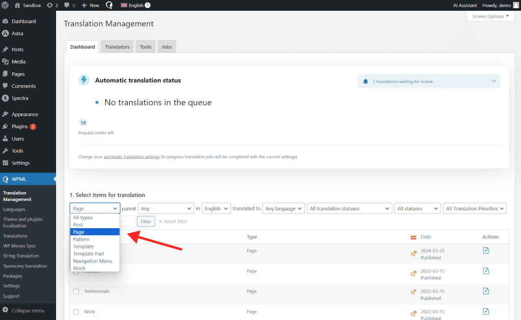 Selecting Page from the Filter dropdown in Translation Management