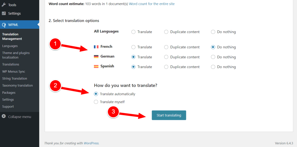 Choosing to translate automatically into German and Spanish