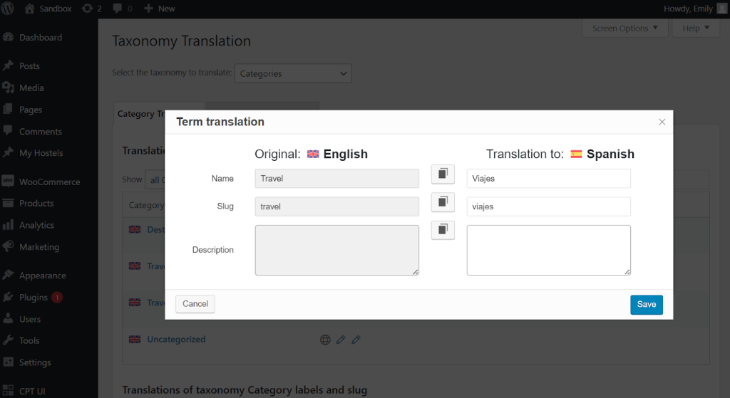 Editing taxonomy translations