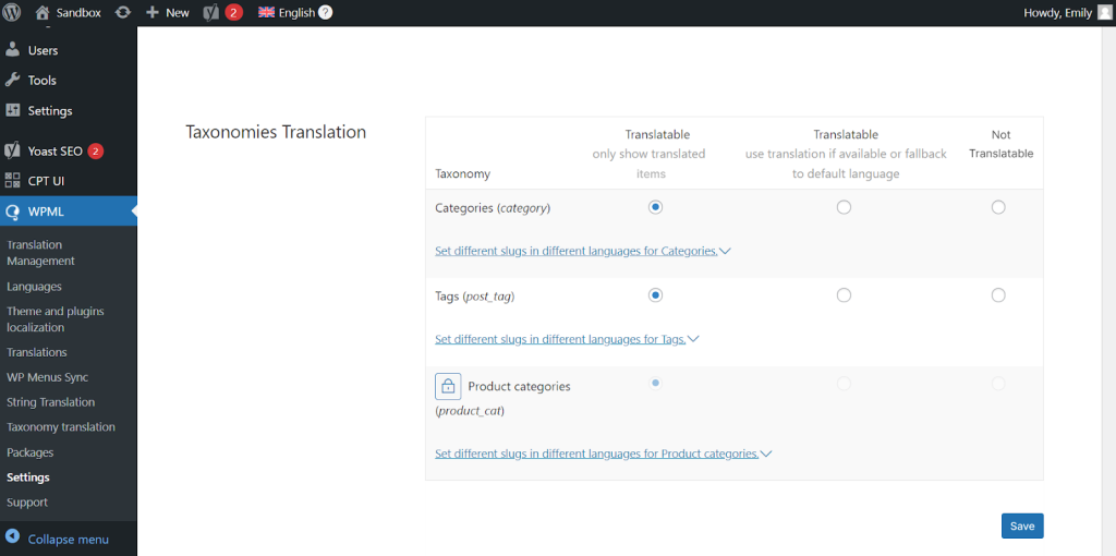 Making taxonomies Translatable in WPML Settings