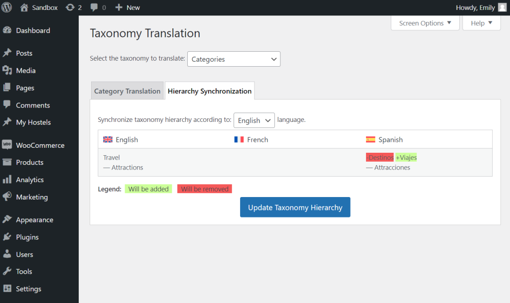 Syncing taxonomy structure across languages