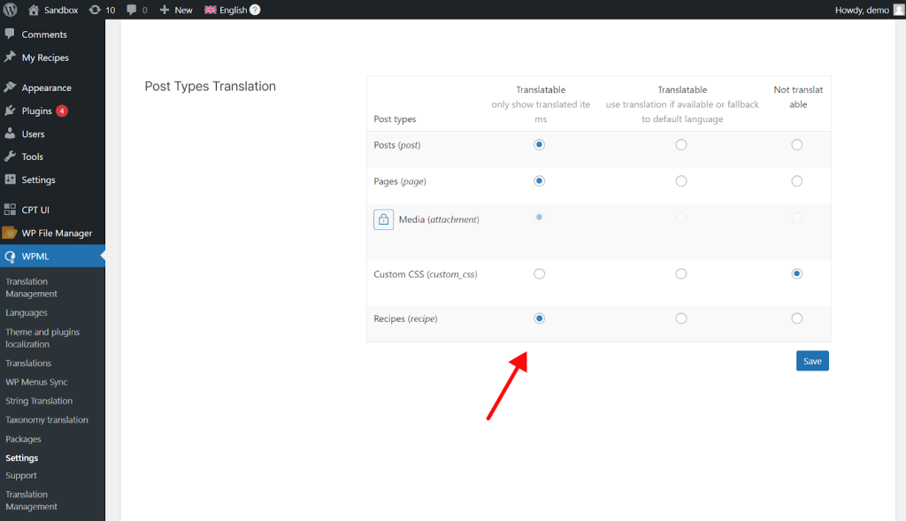 Setting custom post type to Translatable