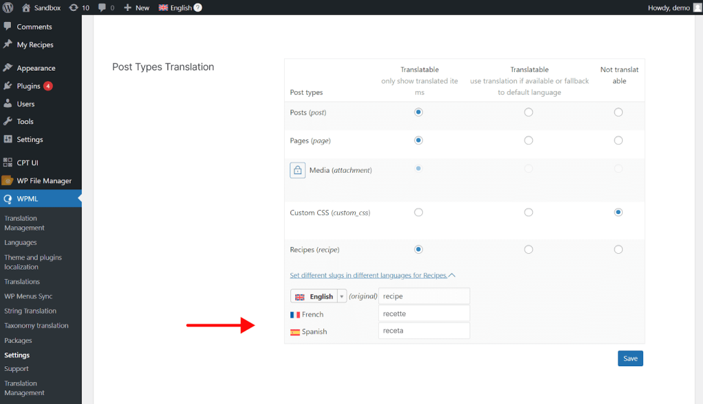 Translating slugs for custom post types