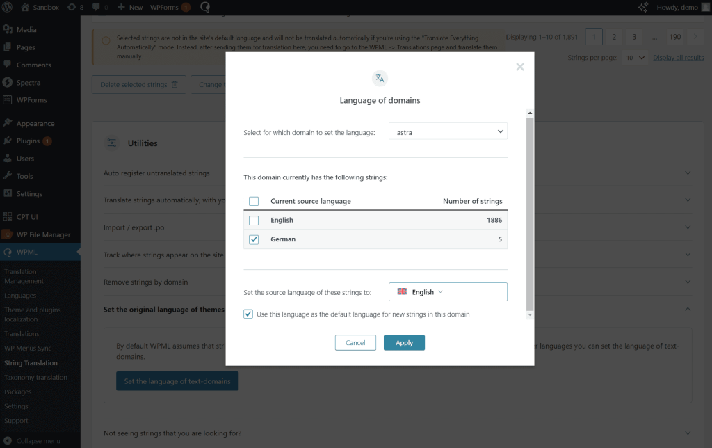 Changing source language of strings by domain