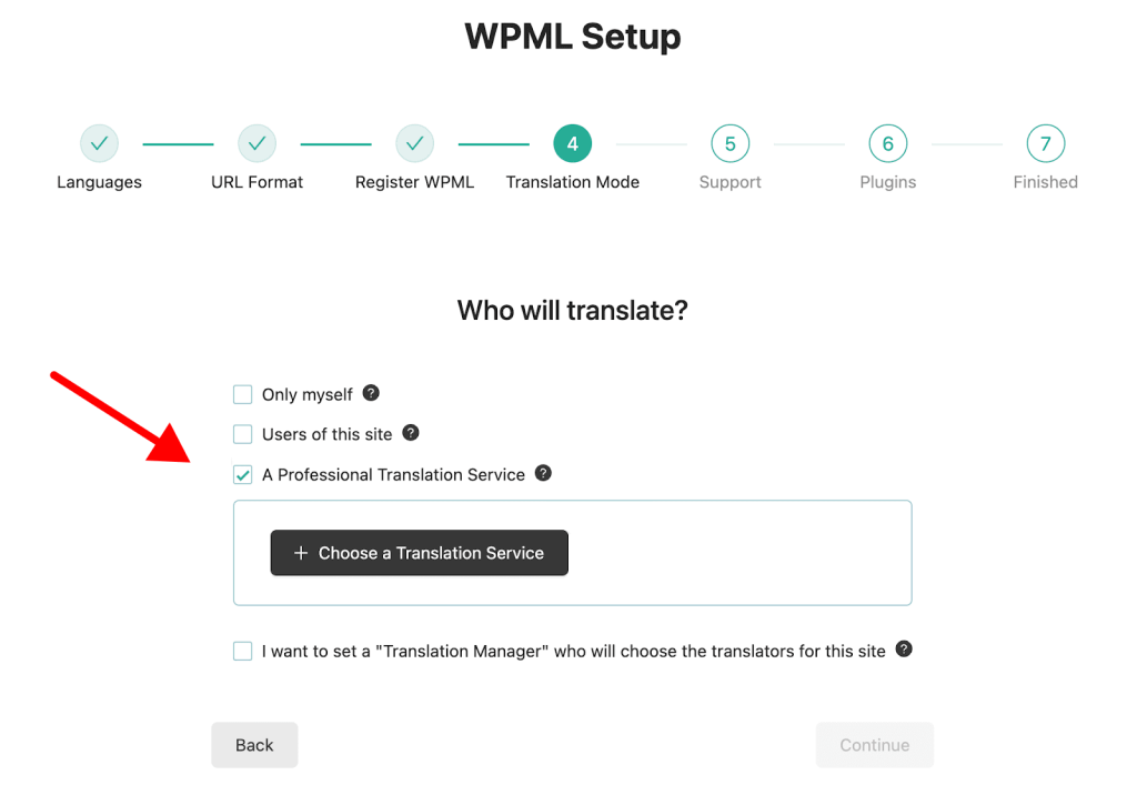 Connecting to a translation service in the setup wizard