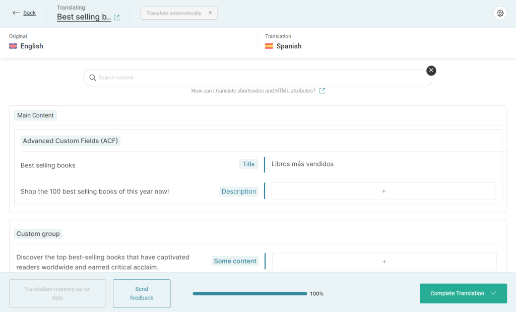 Custom fields with labels in the Advanced Translation Editor