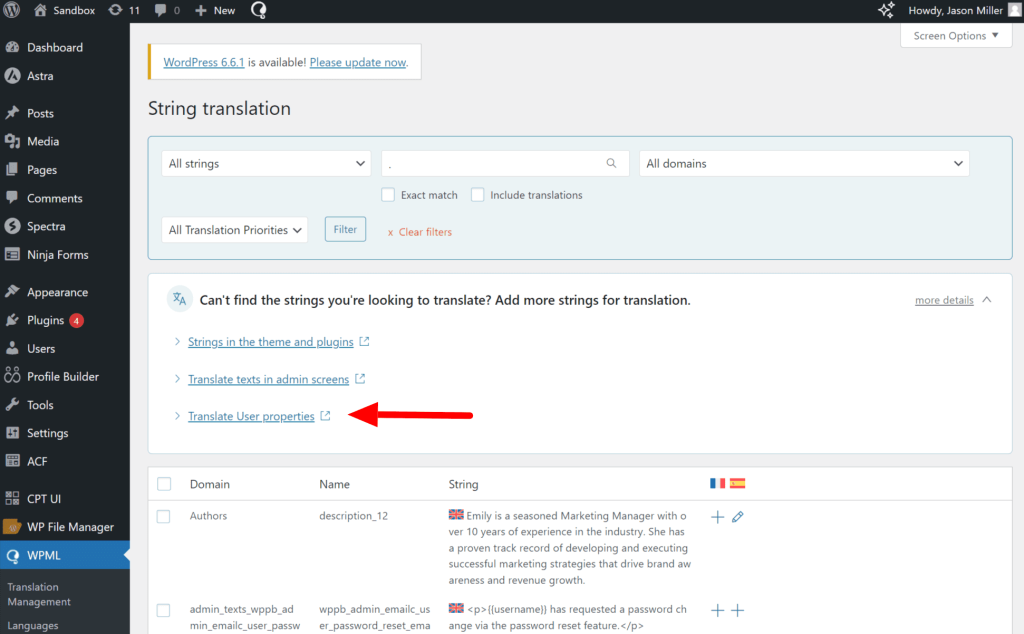 Opening the Translate user properties settings