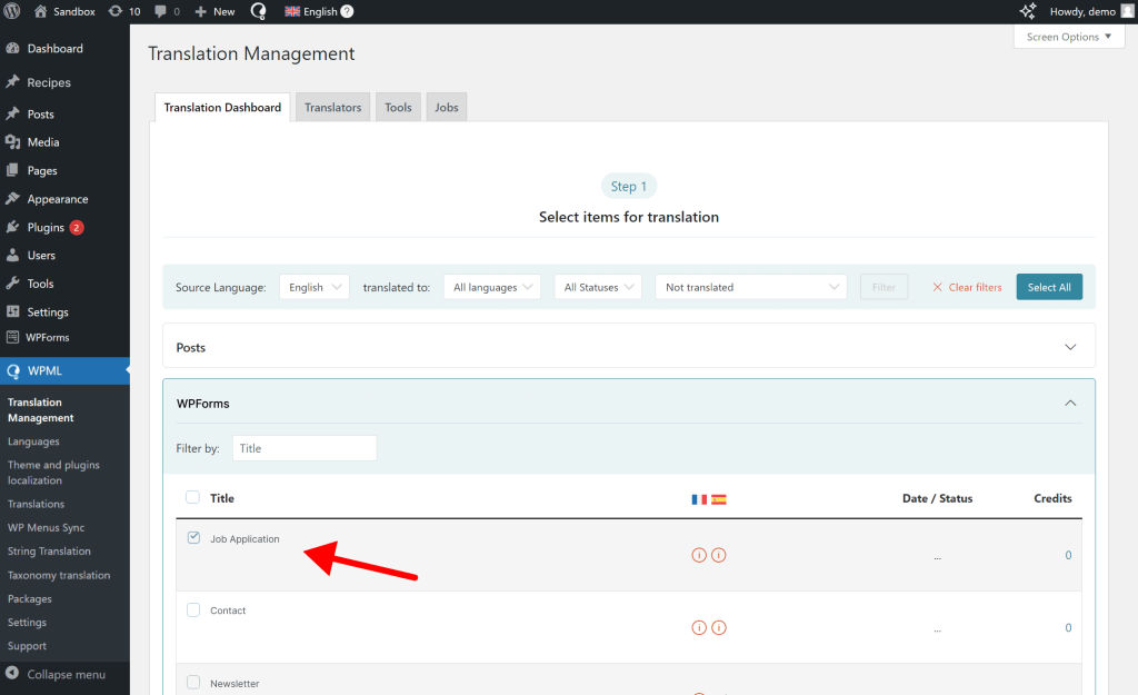 Selecting WPForms to translate