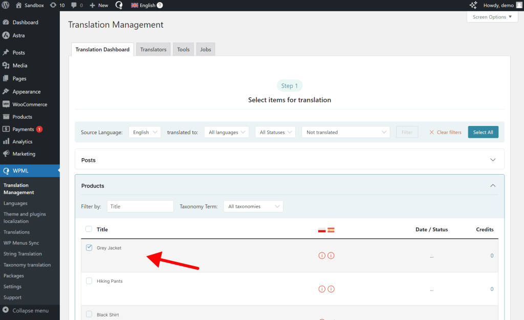 Selecting WooCommerce products for translation