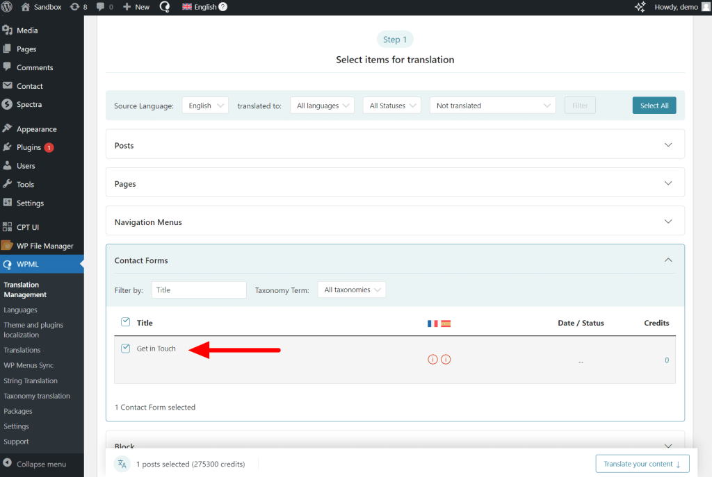 Selecting contact form 7 in Translation Management