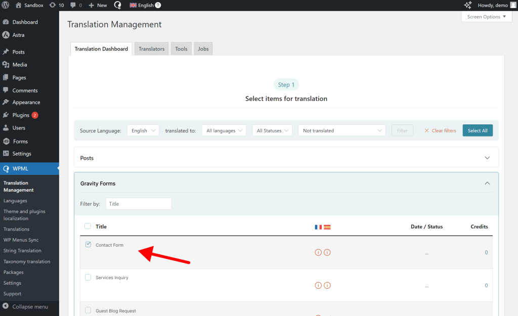 Selecting to translate Gravity Forms