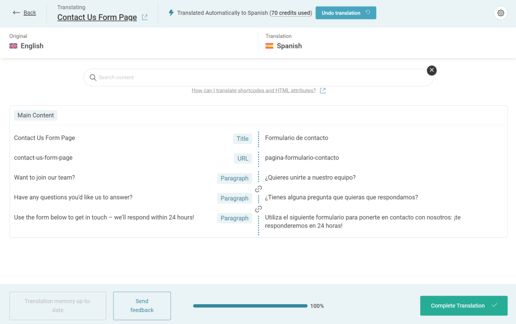 translating contact form page in the Advanced Translation Editor